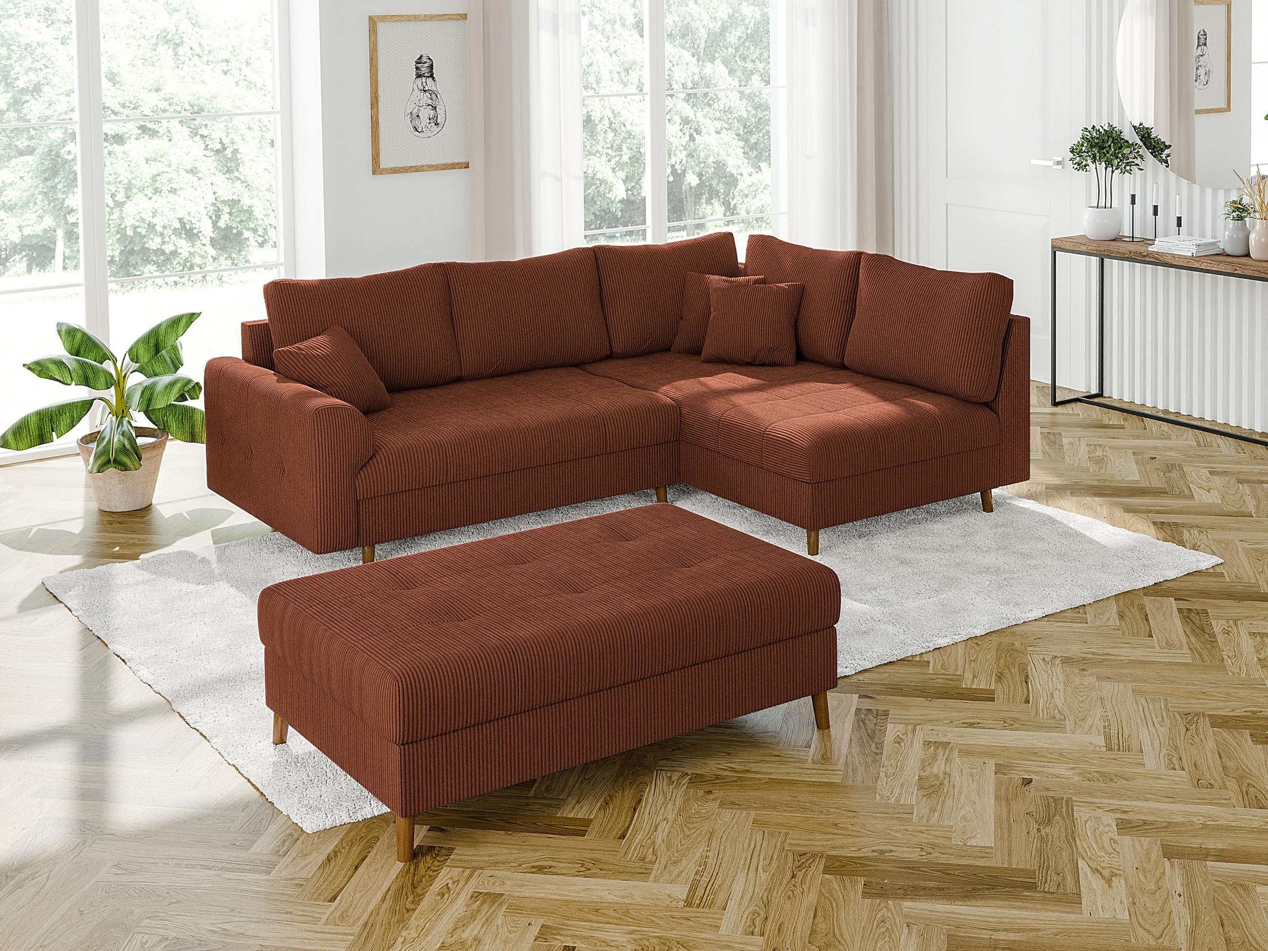 ECKSOFA inkl. Hocker Alma Terrakotta Cord - Ottomane rechts - Terracotta/Braun, Holz/Textil (231/161cm) - S-Style Möbel