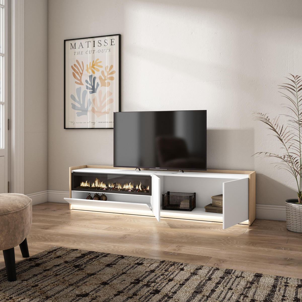 LOWBOARD, Weiß und Eiche, 207/37/50cm, Kamin mit Feuereffekt - Weiß, Holzwerkstoff (207/50/37cm) - Skraut Home