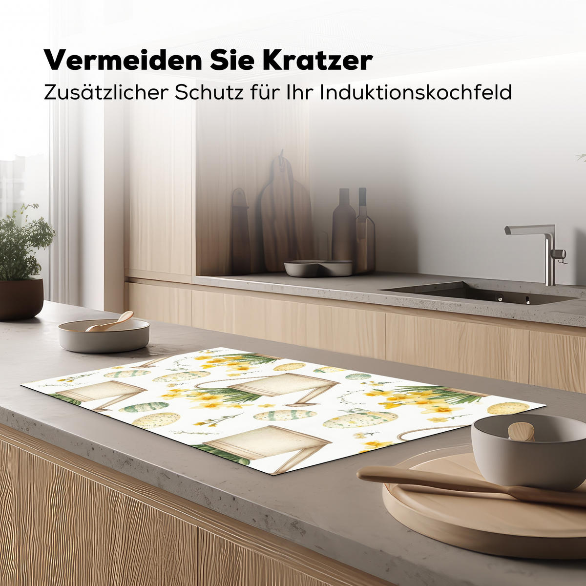 HERDABDECKPLATTE Gießkanne - Blumen - Eier Ceranfeldabdeckung 85x52 cm - Weiß, Kunststoff (85/52/0.2cm) - MuchoWow