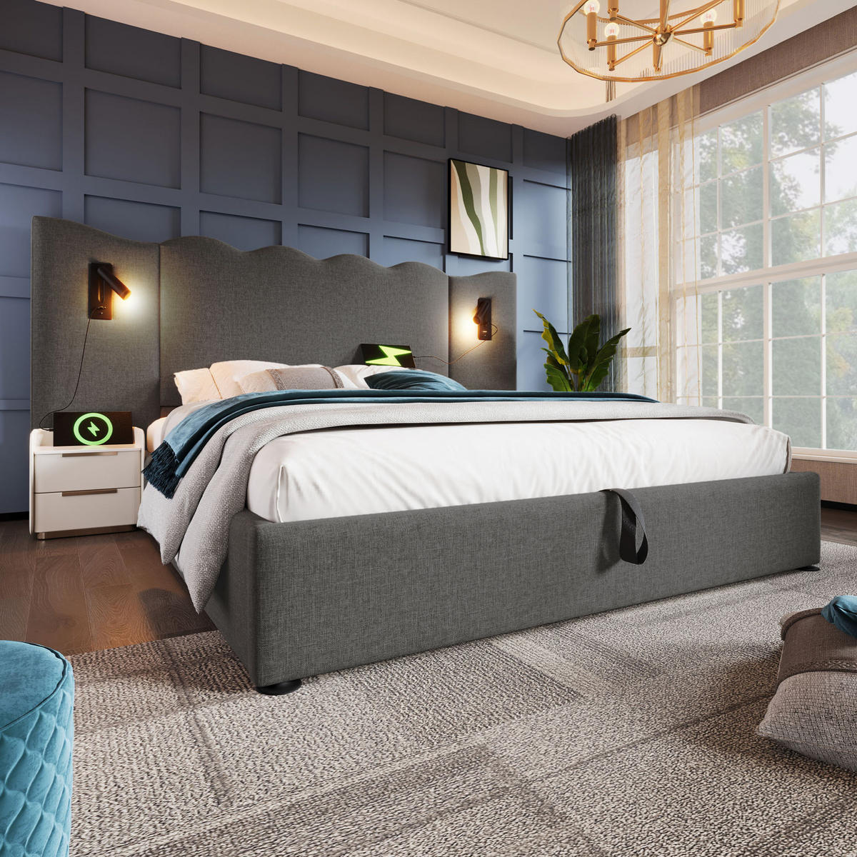 POLSTERBETT 160/200 cm Grau mit Leselampe und USB Type-C Ladefunktion mit Matratze - Grau, Textil (160/200cm) - OKWISH