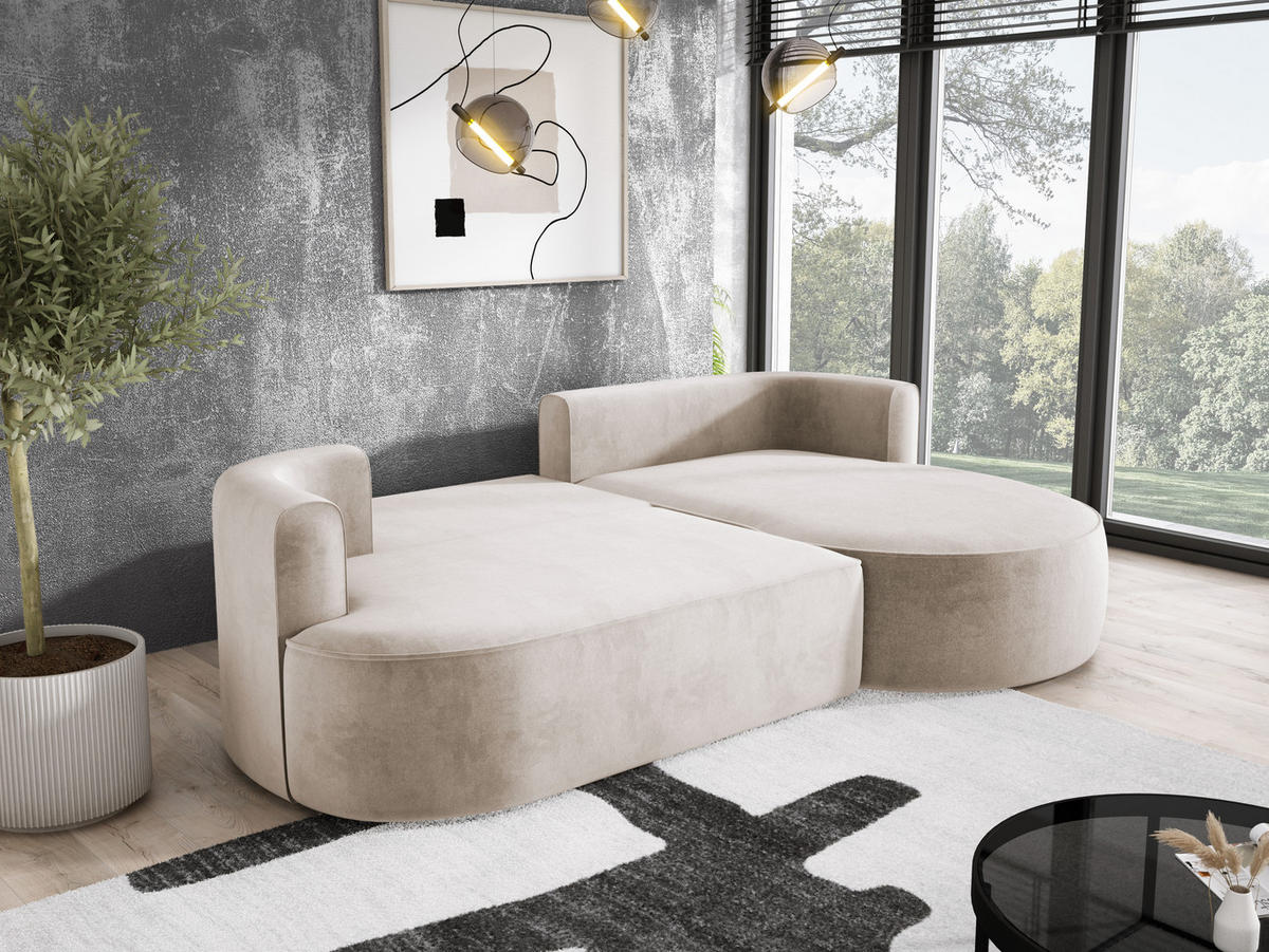 ECKSOFA FIORE L-förm Moderne Ausziehbare Schlaf-Funktion, automatischer Auffaltung, lose Rückenkissen freistehend RECHTS 284x183x82cm Beige - Beige, Holz/Textil (284/183cm) - DomoHome