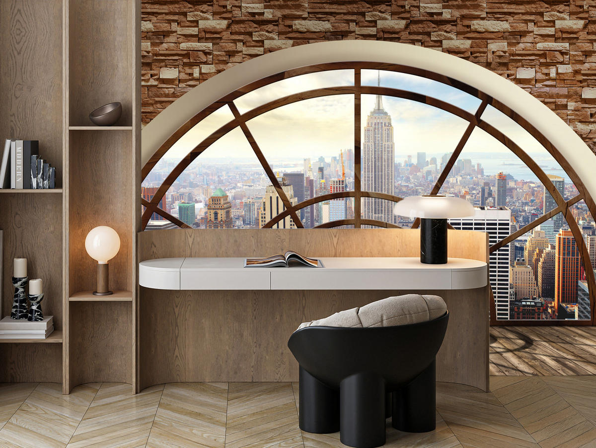 FOTOTAPETE für Wohnzimmer New York Fensterblick Panorama Stadt 250x175 - Beige/Braun, Papier (250/175cm) - Muralo