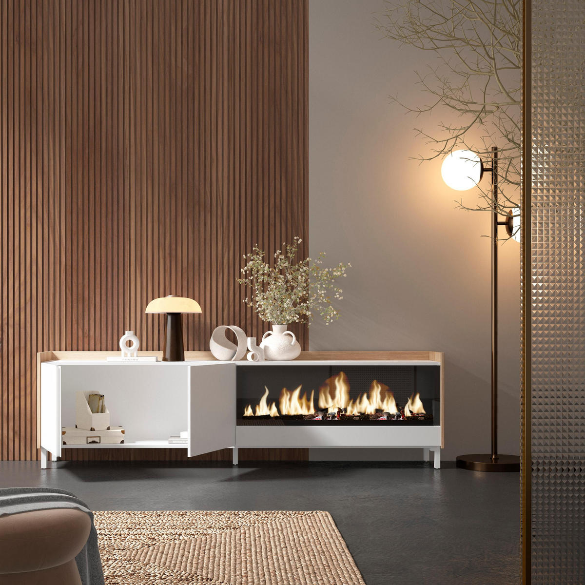 LOWBOARD, Weiß und Eiche, 212/35/61cm, Kamin mit Feuereffekt XXL - Weiß, Holzwerkstoff (212/61/35cm) - Skraut Home