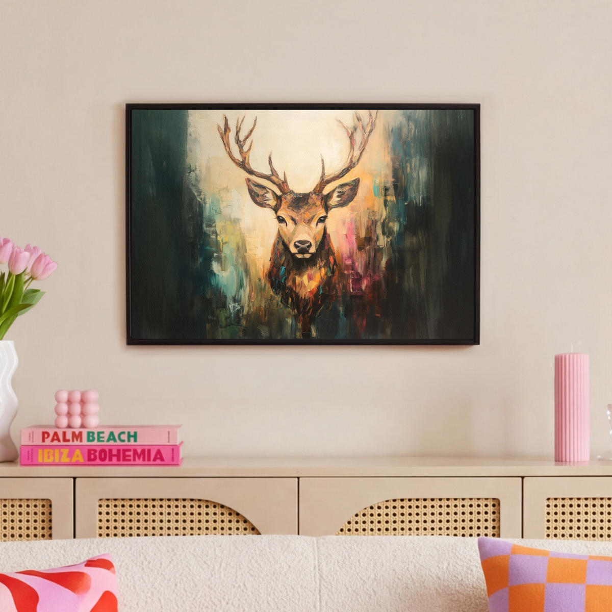 LEINWAND Bilder mit Rahmen - Hirsch - Gemalt - Geweih - Braun - 60x40 - Haselnussfarben, Textil (60/40cm) - MuchoWow