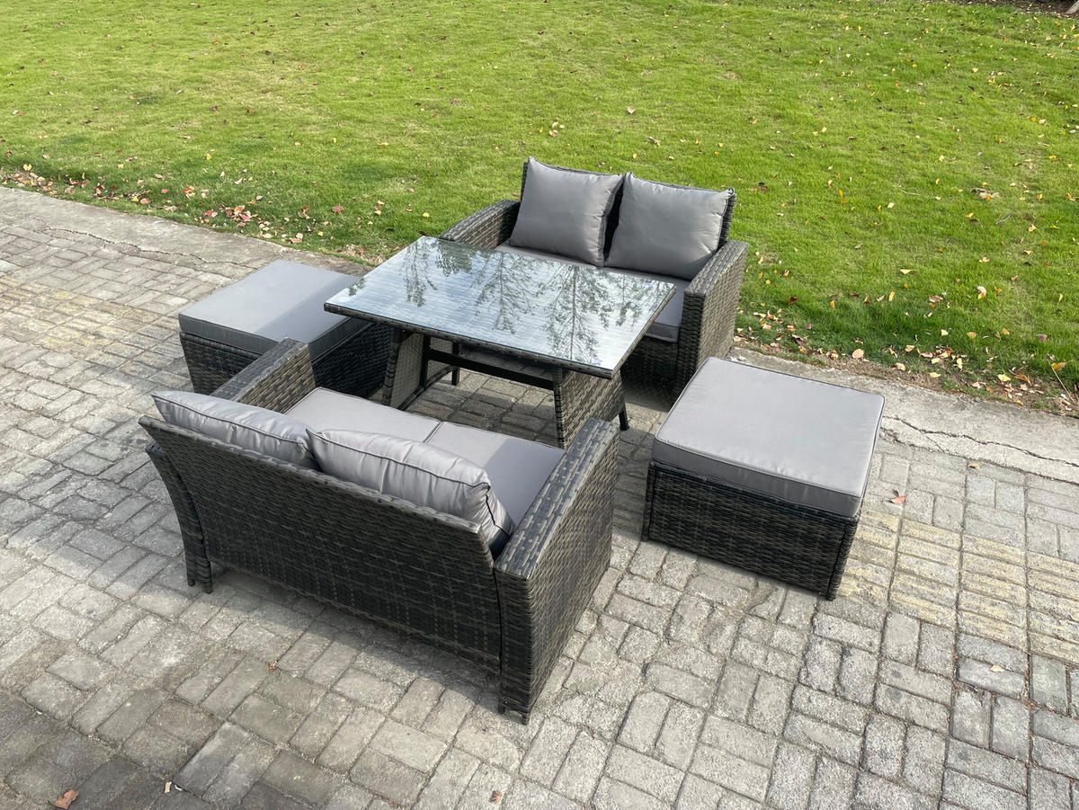 GARTENMÖBELSET mit ESSTISCH,HOCHLEHNER-SOFA Polyrattan Dunkelgrauer Mix 6-Sitzer - Dunkelgrau/Grau, Glas/Kunststoff - Fimous