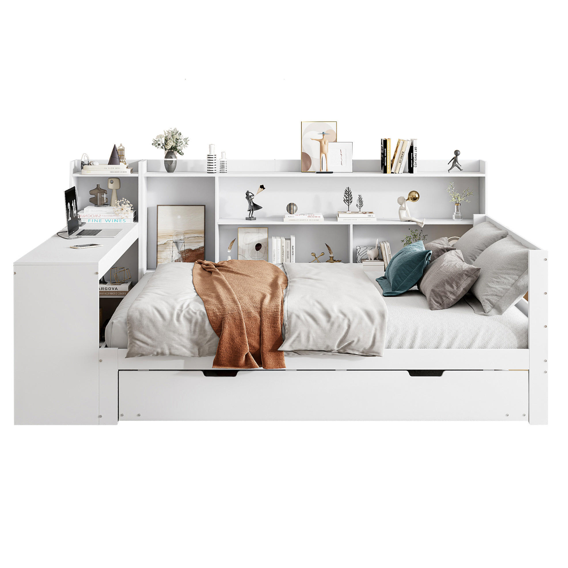 BETT Aus Massivholz mit ausziehbarem Bett und Schreibtisch Weiß 140/200 cm - Weiß, Holz (140/200cm) - OKWISH