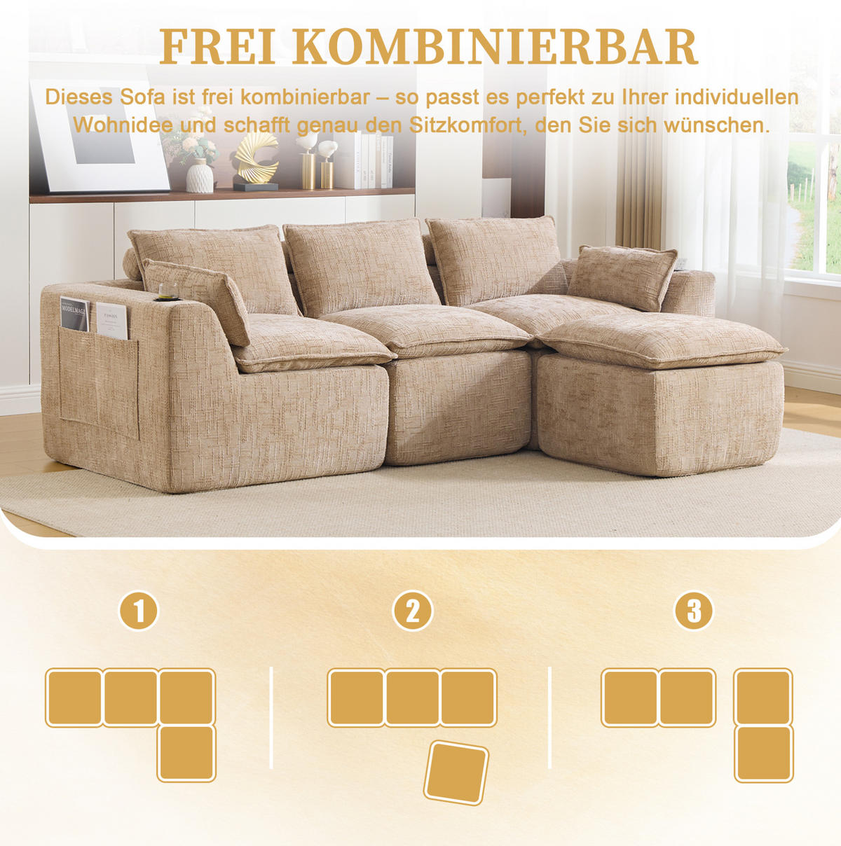 ECKSOFA 256/161/75 cm khaki aus Chenille mit Seitentaschen, Kissen und Federkern - Sandfarben, Textil (161/256cm) - OKWISH