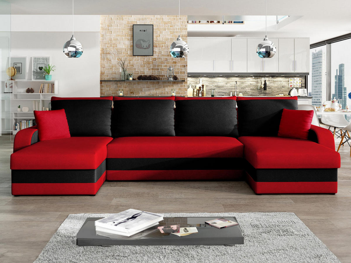 ECKSOFA Kris U - Rot/Schwarz, Holz/Kunststoff (304/80/140cm) - MIRJAN24