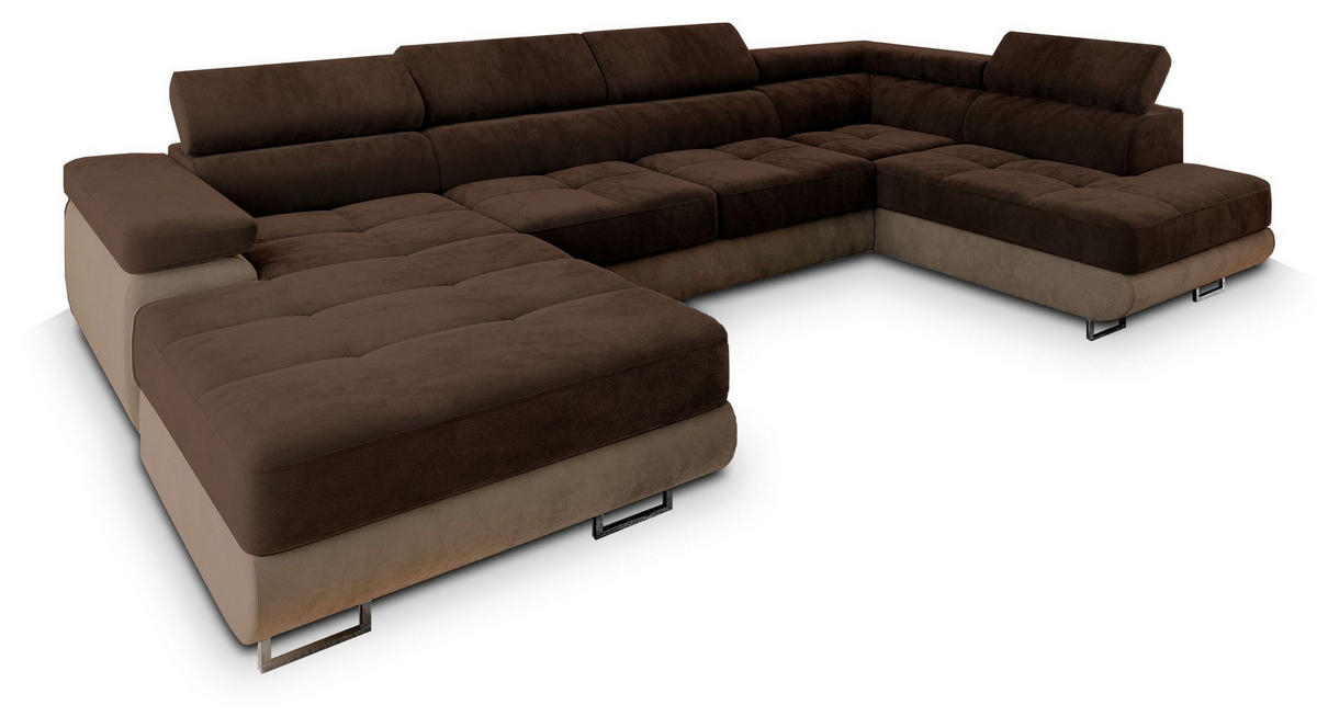 WOHNLANDSCHAFT CASONE R-S Braun Velours-Stoff mit Schlaffunktion - Braun, Holz (345/90/202cm) - MASSENO