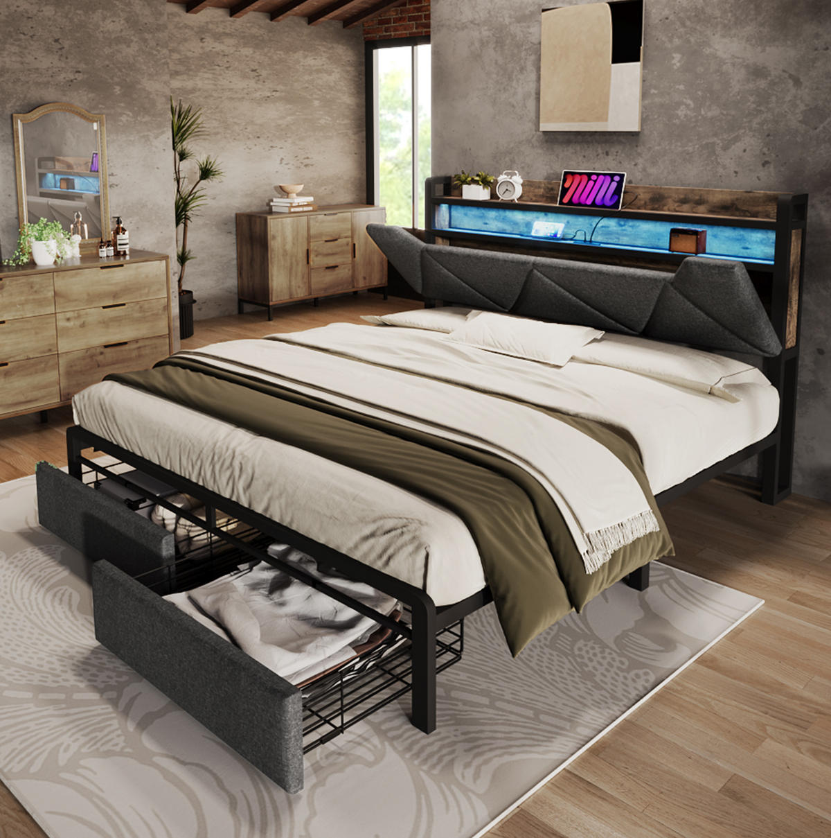 POLSTERBETT 140/200 cm aus Leinen mit LED, USB-C, Stauraum-Kopfteil, 2 Schubladen und Matratze, Grau - Grau, Textil (140/200cm) - Redom