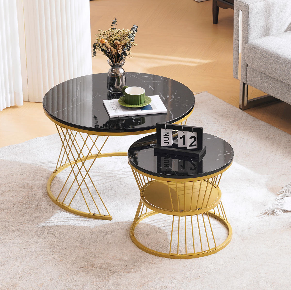 COUCHTISCH-SET 2-teilig 70/70/47 cm Schwarz in Marmoroptik mit Goldgestell platzsparend - Schwarz, Holzwerkstoff (70/70/45cm) - OKWISH