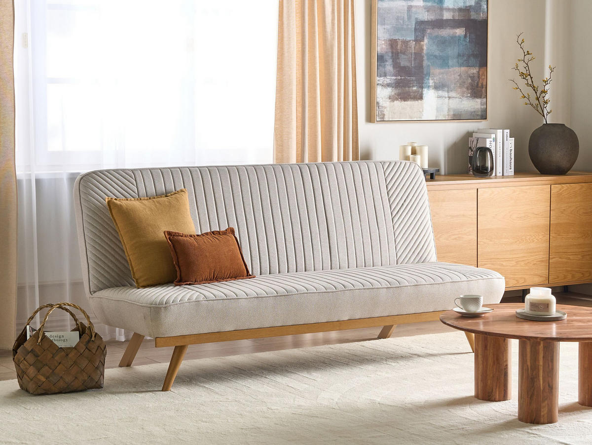 2-SITZER-SCHLAFSOFA beige/hellbraun Kalfafell - Hellbraun/Beige, Textil (192/91/73cm) - Beliani