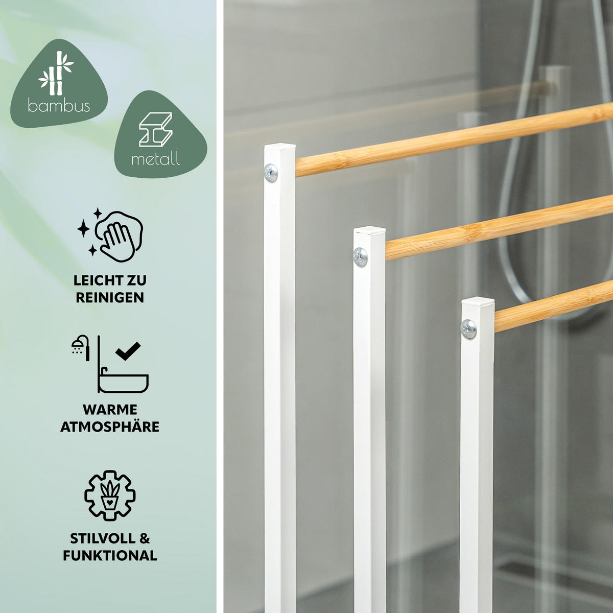 STAND-HANDTUCHHALTER, Bambus/Metall weiß - Weiß, Metall (45.5/76.5/22cm) - eluno