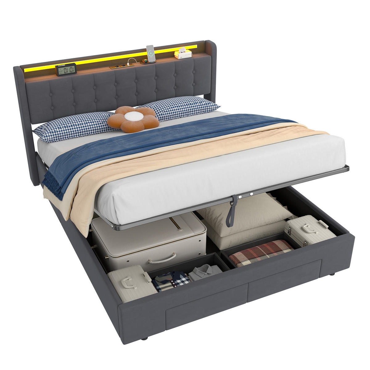POLSTERBETT160/200 cm in Dunkelgrau Samt mit Bettkasten, Schubladen und USB/LED-Beleuchtung - Dunkelgrau, Holzwerkstoff/Textil (160/200cm) - CHICFURN
