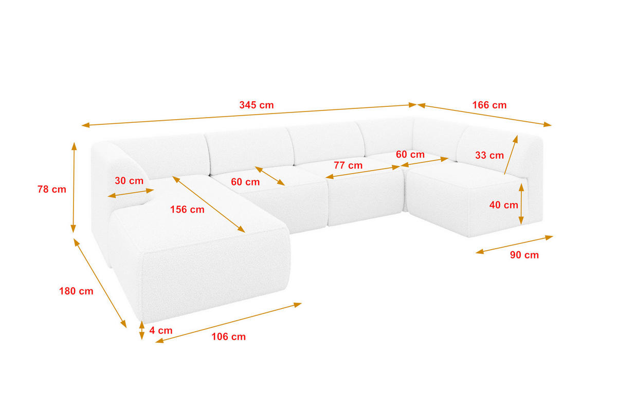 WOHNLANDSCHAFT Ottomane Links MOVO-L 345x180x78 cm Weiß Bouclé - Weiß, Holzwerkstoff/Kunststoff (345/78/180cm) - ALTDECOR