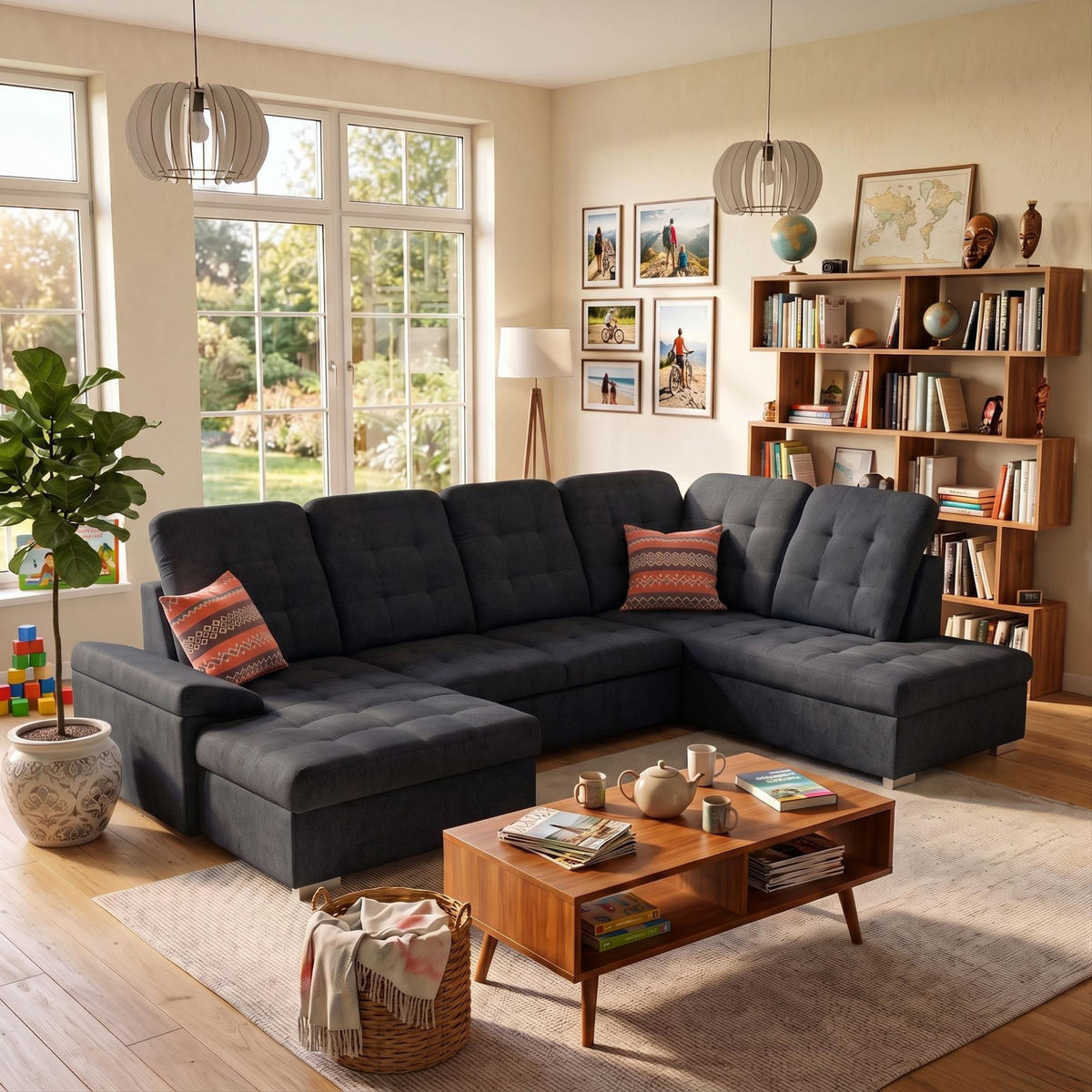 ECKSOFA U-Form OLIVIA U Rechts mit Schlaffunktion 124x257 Velours Schwarz - Silberfarben/Schwarz, Holz/Kunststoff (202/103/320cm) - Muffo