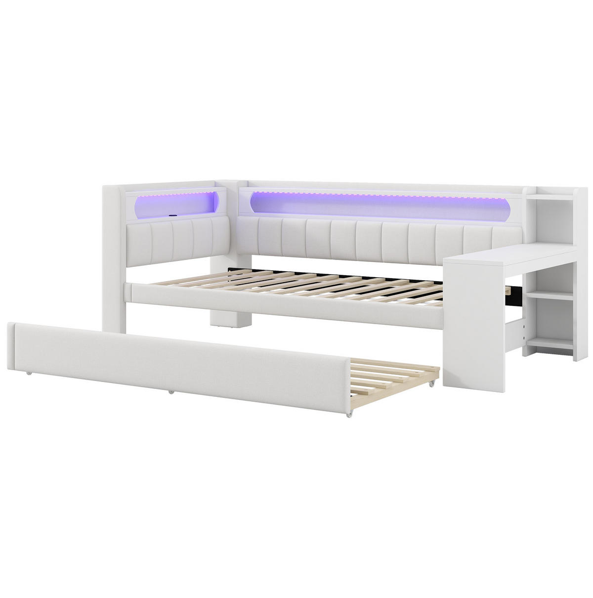 KREVET 90/200 cm s LED osvjetljenjem, USB priključkom, izvlačnim krevetom i radnim stolom, Bijeli - bijela, drvni materijal (90/200cm) - Redom