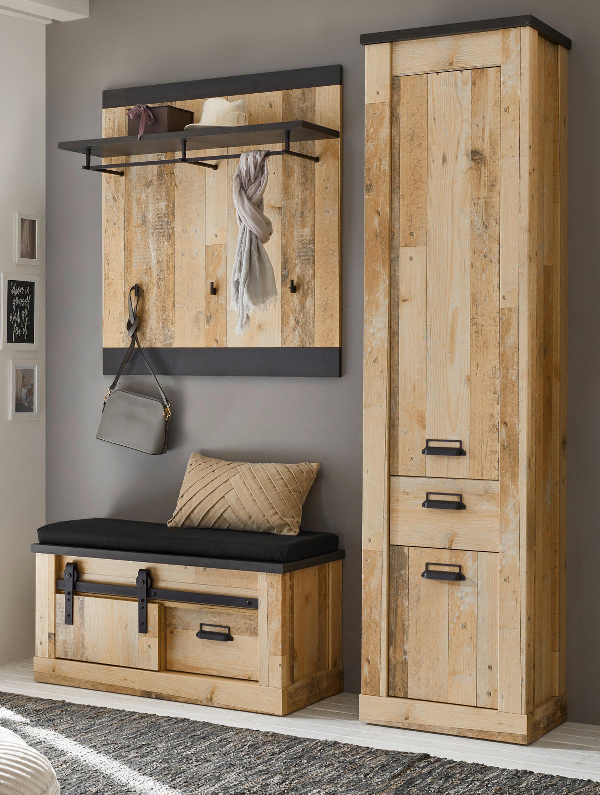 GARDEROBE Set 4-tlg. Used Wood Vintage 164 x 200 cm, mit Schiebetür und Soft-Close - Anthrazit/Schwarz, Holzwerkstoff/Metall (164/201/43cm) - Furn.Design