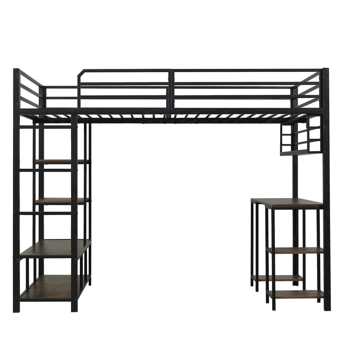 HOCHBETT mit Schreibtisch 120/200 cm in Schwarz/Dunkelwalnuss – mit Ablage und Leiter - Schwarz, Metall (120/200cm) - BEAOK