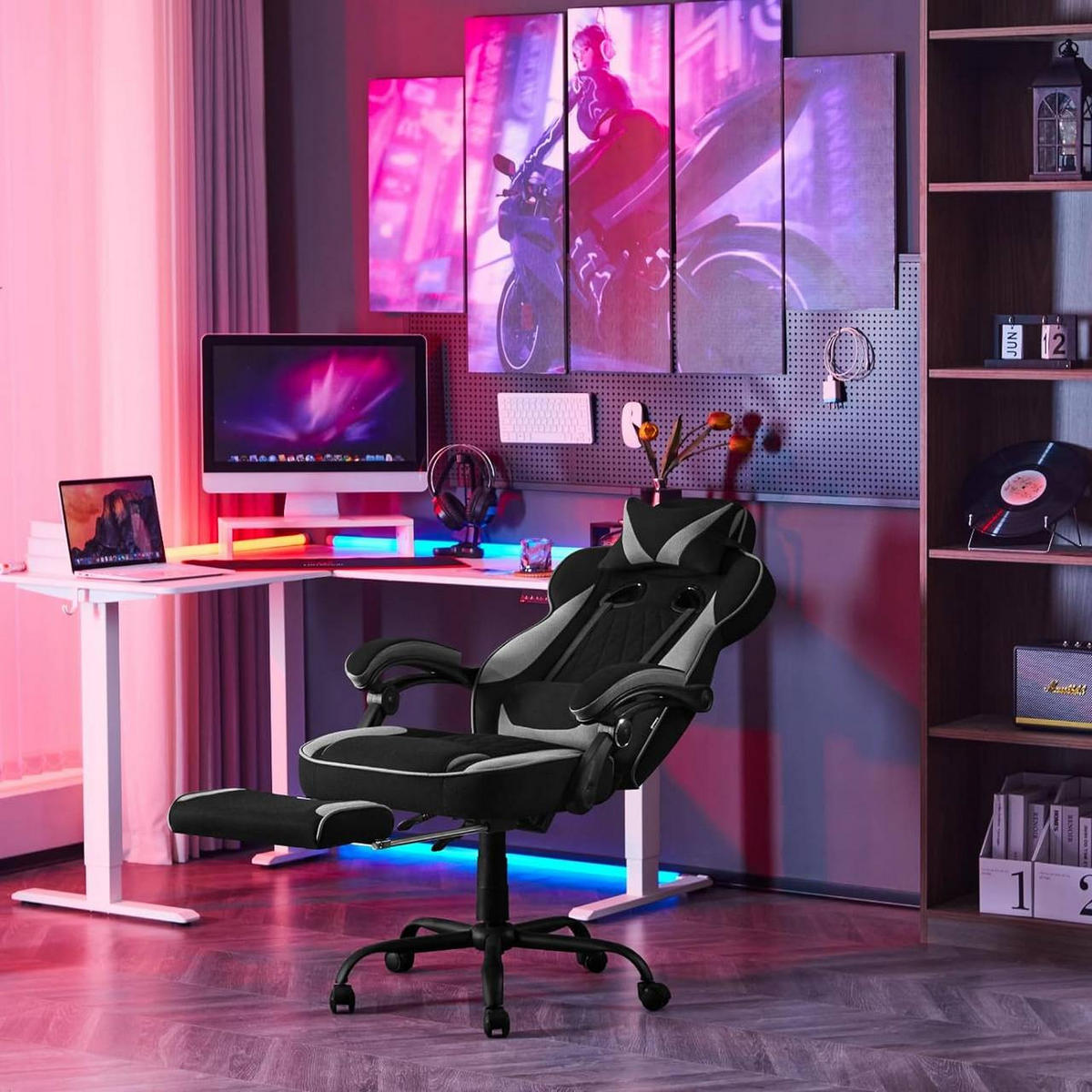 GAMINGSTUHL Mesh-Gewebe, Schwarz+Grau - Schwarz/Grau, Kunststoff/Textil (70/120/70cm) - Woltu
