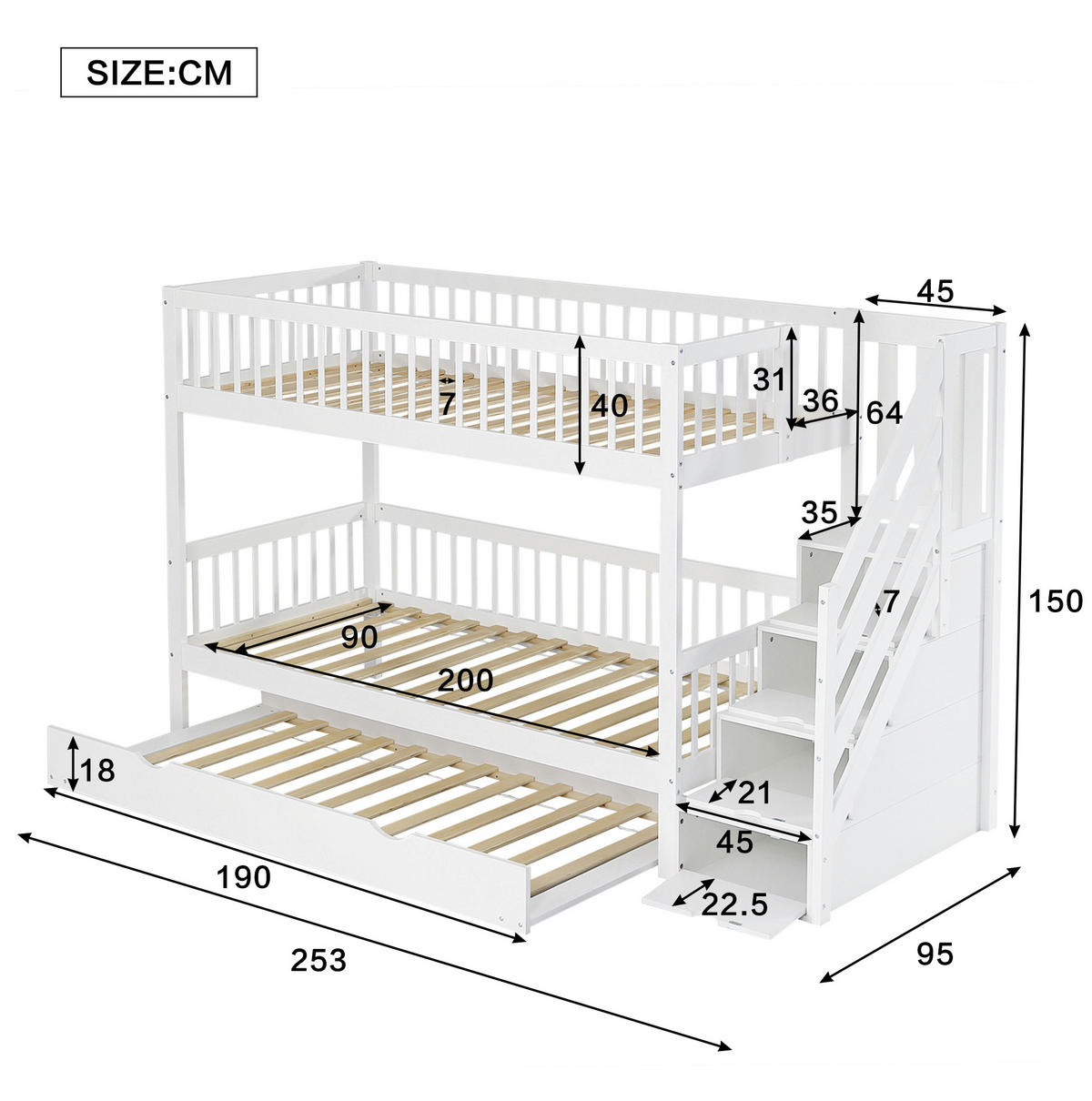 ETAGENBETT 90/200 cm mit Rollbett und Leiterschrank in Weiß - Weiß, Holz (90/200cm) - BEAOK