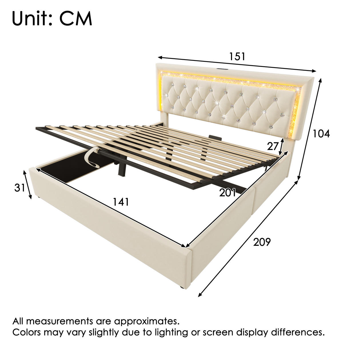 POLSTERBETT 140/200 cm mit LED-Beleuchtung, USB- & Type-C-Anschluss, hydraulischem Stauraum, Samt, Beige - Beige, Textil (140/200cm) - Redom