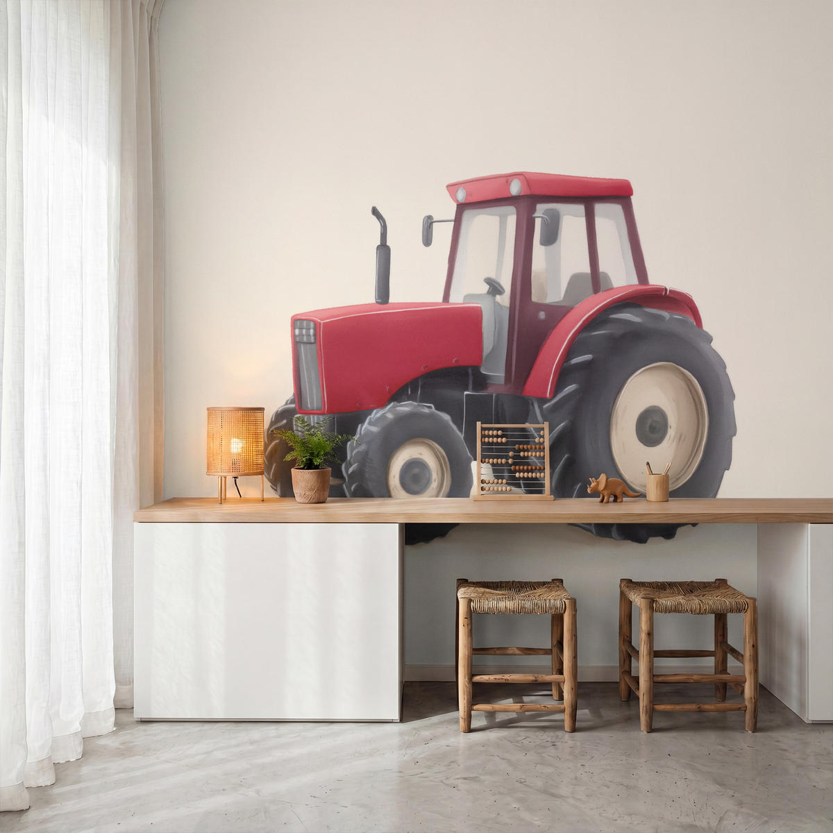 KINDERTAPETE - Traktor - Minimalistisch - Illustration - Rot - 280x260 cm - Rot, Papier (280/260cm) - OnlyWow