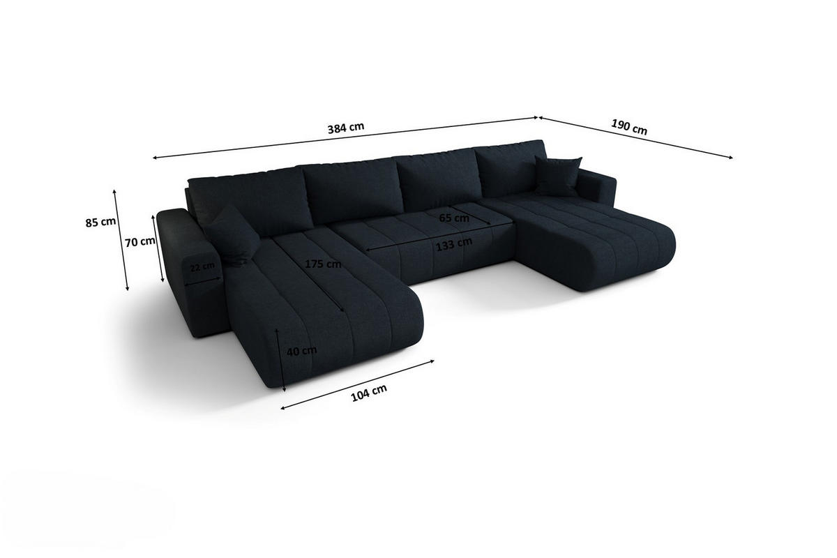 ECKSOFA mit schlaffunktion und bettkasten MILO U, stoff WIND, Dunkelblau - Dunkelblau, Holz (384/190cm) - Kaiser Möbel