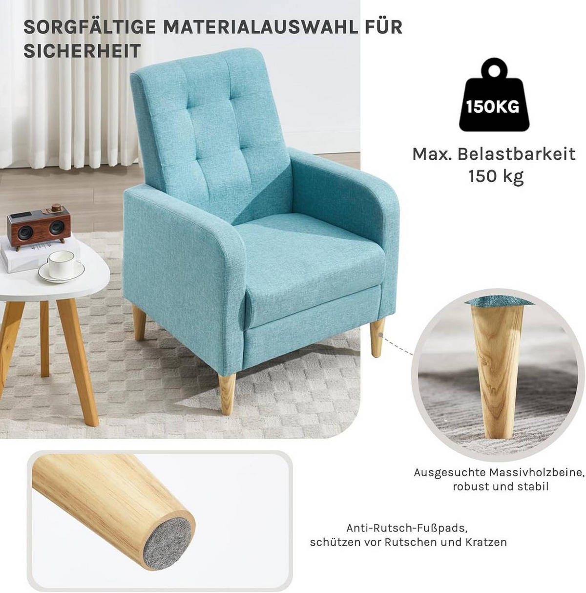 RELAXSESSEL mit Massivholzbeinen, Leinen, Blau - Blau, Holz/Holzwerkstoff (68/90.5/76cm) - Woltu