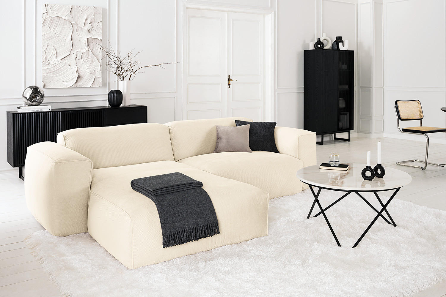 1,5-SITZER ECKSOFA mit Longchair - Beige/Schwarz, Textil (260/173cm) - home24