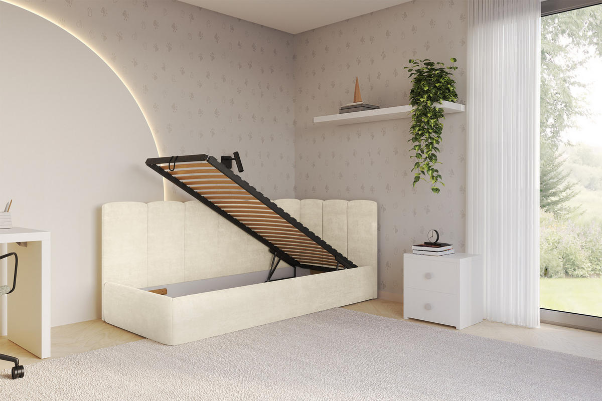 EINZELLBETT Jugendbett mit Bettkasten, Links - DEXY 90x200 Beige - Beige, Holzwerkstoff/Textil (90/200cm) - ALTDECOR