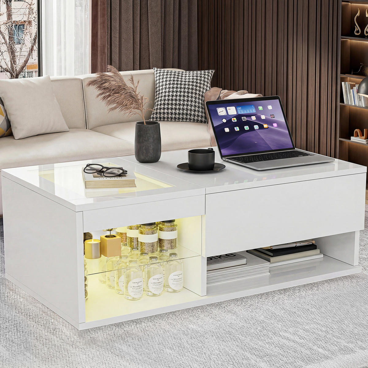 COUCHTISCH Hochglanz Weiß mit LED & Lift-Top Funktion - Weiß, Metall (100/55/35cm) - SHOPENTRA