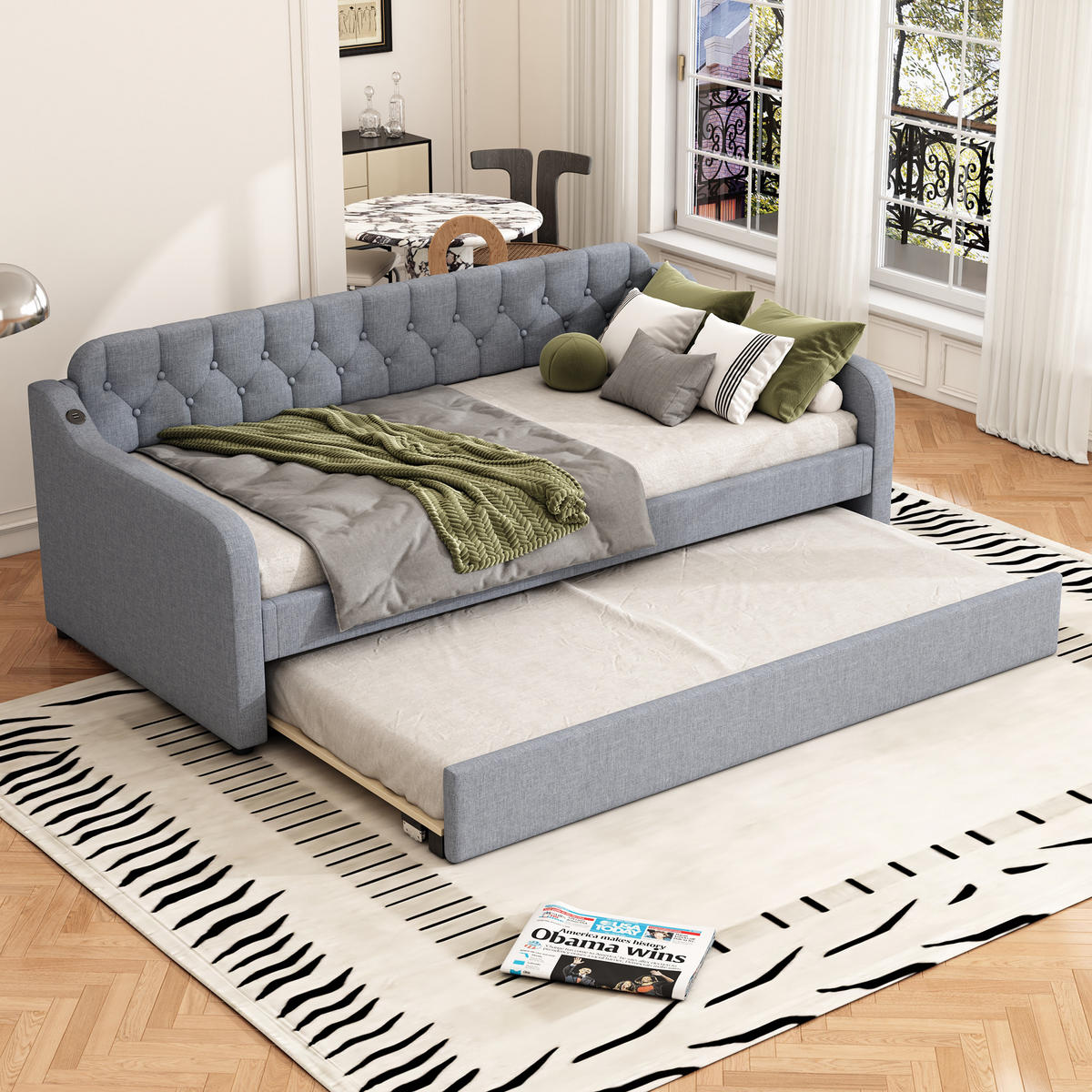 SCHLAFSOFA 90x200cm Grau mit Rollbett USB-Anschluss - Grau, Holz (90/200cm) - FLIEKS