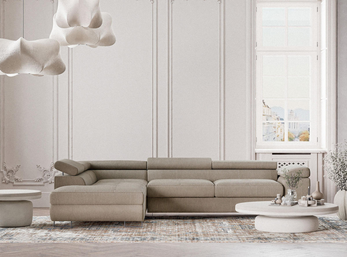 ECKSOFA MIT SCHLAFFUNKTION Concord Dunkelbeige Samtstoff - Beige/Schwarz, Holz/Holzwerkstoff (203/277cm) - Maison de Reve