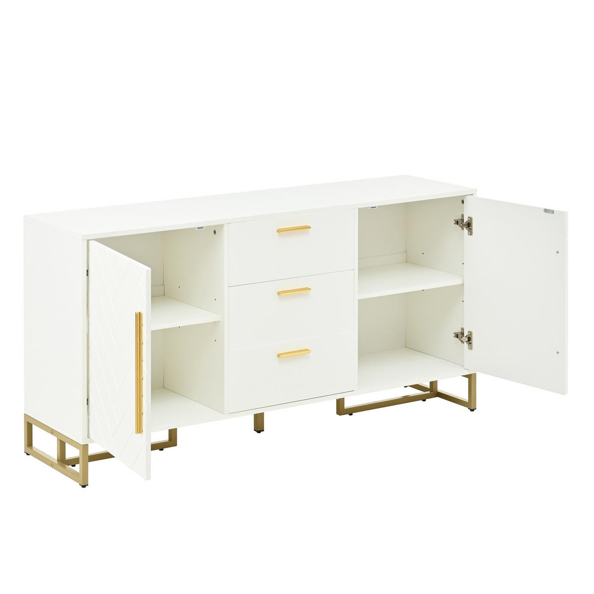 SIDEBOARD in Weiß mit 2 Türen, 3 Schubladen und Fischgrätmuster,145/75/40 cm - Weiß, Holzwerkstoff (145/75/40cm) - Flora Grace