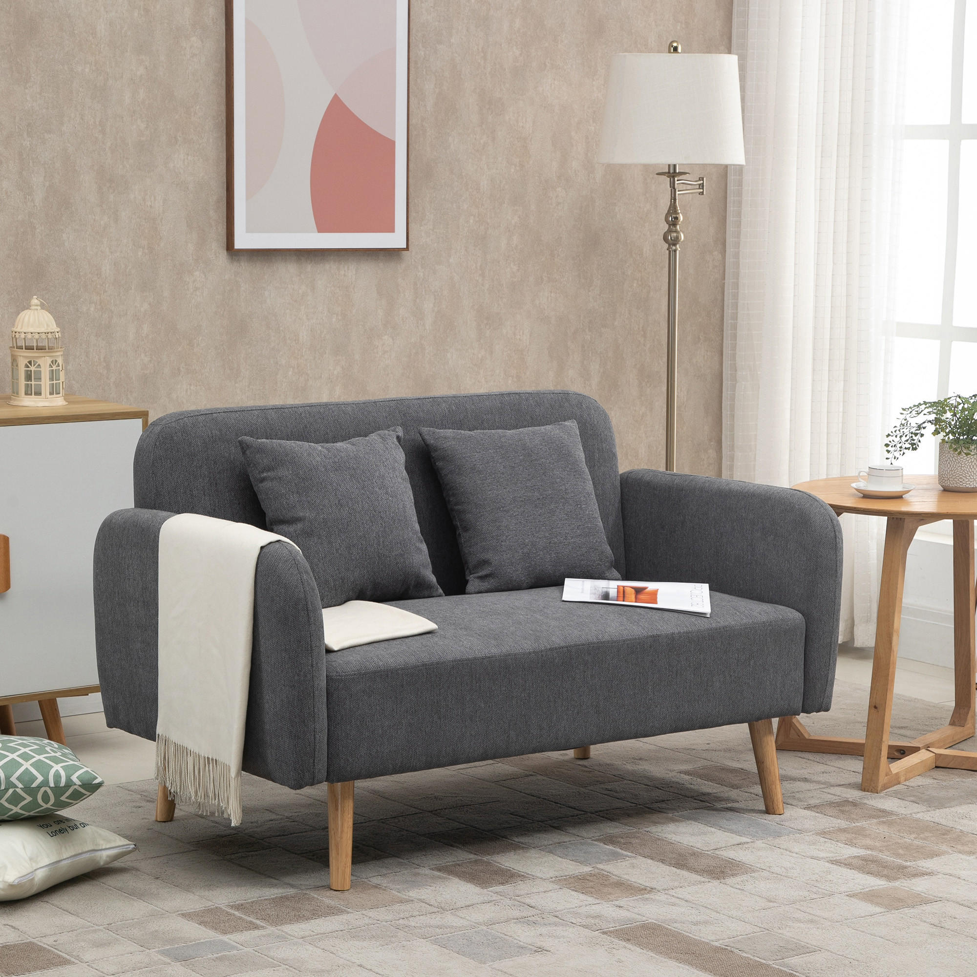 2 Sitzer Sofa, Couch mit 2 Wurfkissen, gepolsterter Doppelsofa mit Samtopik - Naturfarben/Grau, Kunststoff (70/80/130cm) - HOMCOM