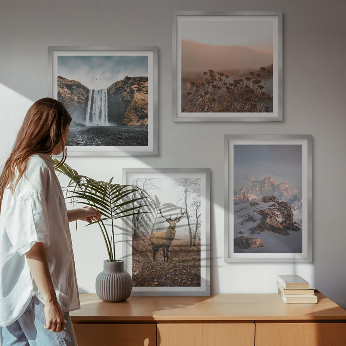 BILDER SET 4er Set - 50x50 cm & 40x60 cm Silberner Rahmen - Wilde Landschaften, Berge, Hirsche - Silberfarben, Kunststoff (50/50cm) - TULUP