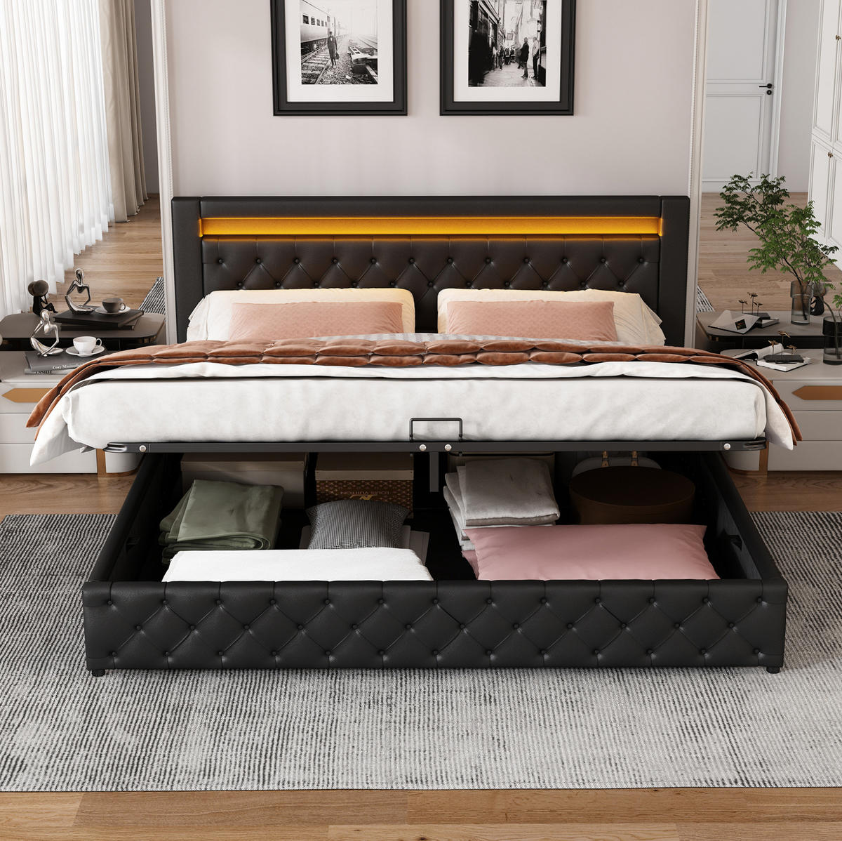 POLSTERBETT mit Bettkasten und LED 160x200 cm PU Schwarz - Schwarz, Metall (160/200cm) - Meubliv