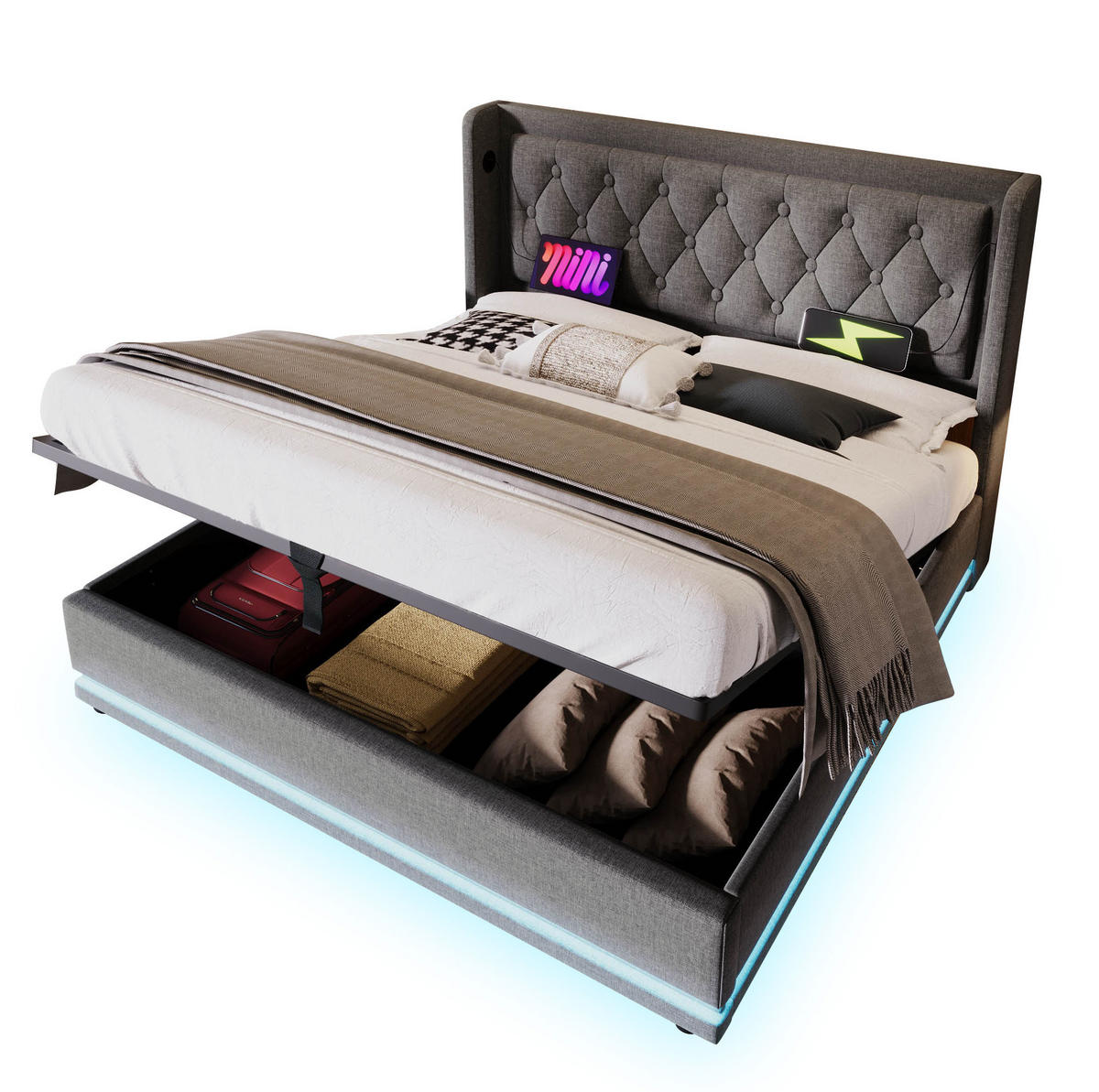 POLSTERBETT aus Baumwolle 140x200 cm in Grau mit LED, USB-C & Matratze - Grau, Textil (140/200cm) - Modfu