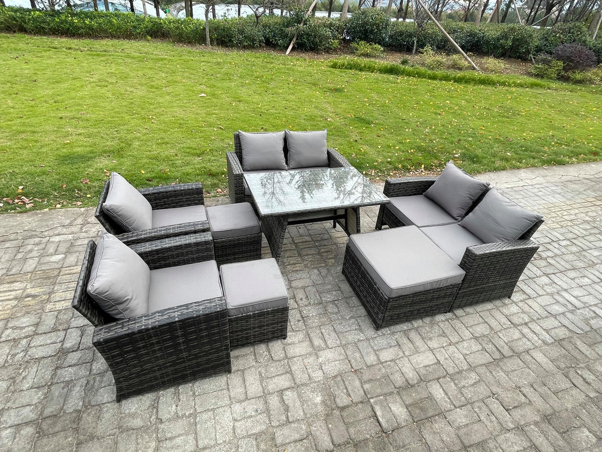 GARTENMÖBELSET mit ESSTISCH,HOCHLEHNER-SOFA Polyrattan Dunkelgrauer Mix 9-Sitzer - Dunkelgrau/Grau, Glas/Kunststoff - Fimous