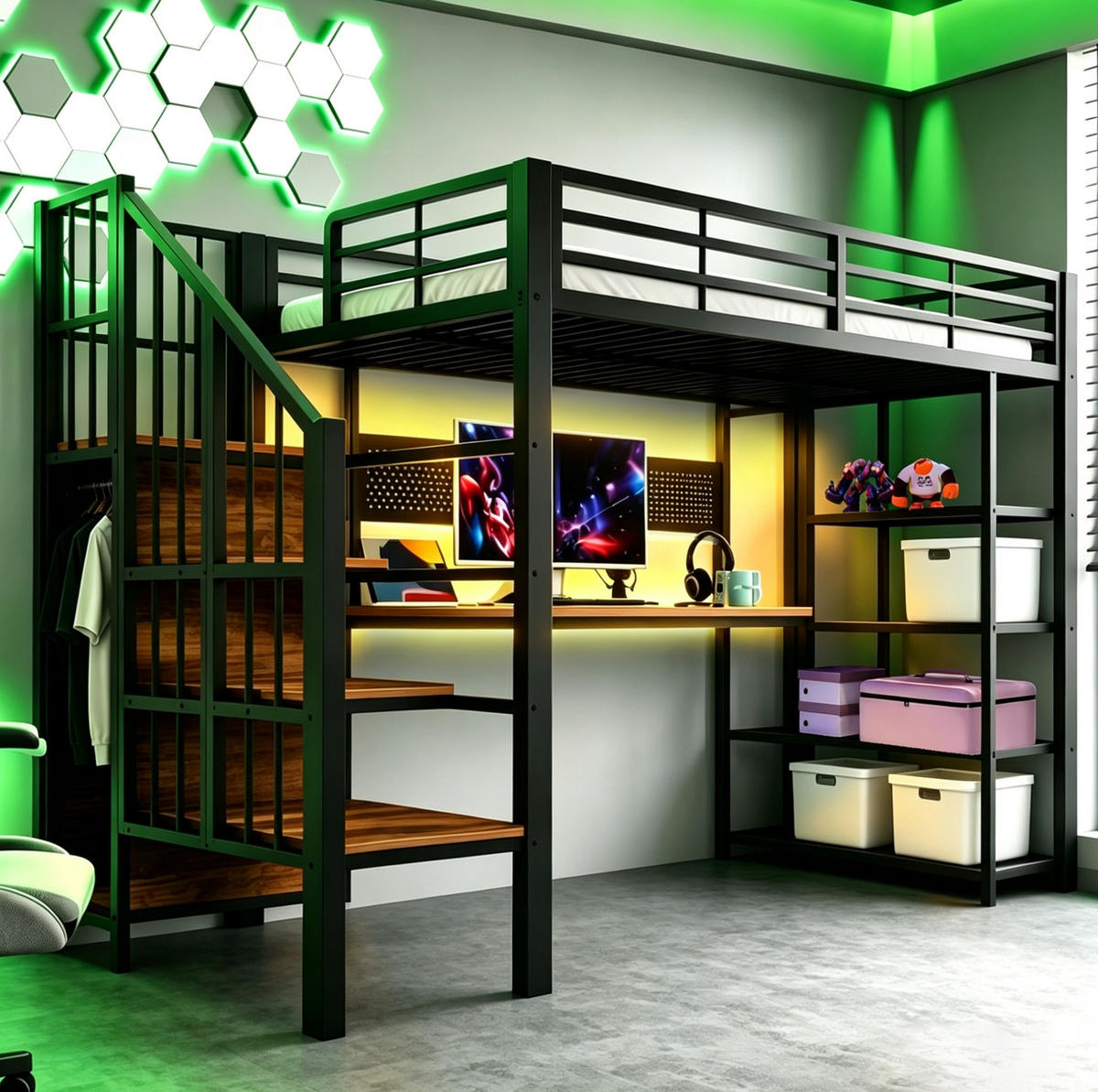 HOCHBETT 90/200 cm aus Metall und Holz mit Treppe Schreibtisch und LED-Beleuchtung Schwarz - Schwarz, Metall (90/200cm) - Modenvie