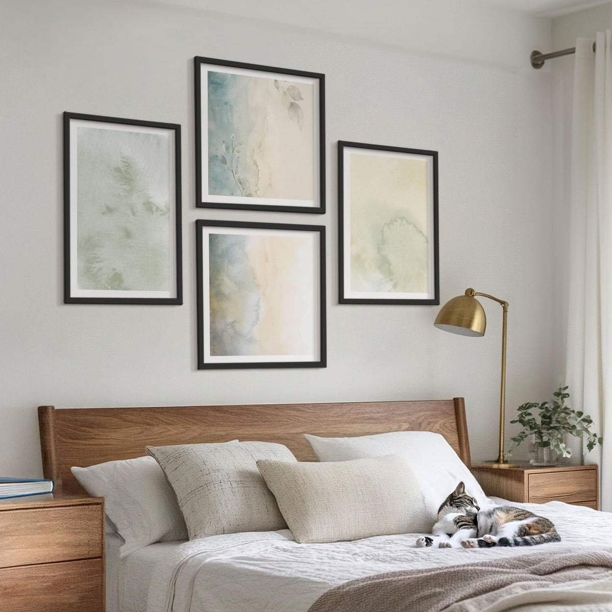BILDER SET 4er Set - 50x50 cm & 40x60 cm Schwarzer Rahmen - Pastellfarbene Aquarell-Leinwandtextur - Schwarz, Kunststoff (50/50cm) - TULUP