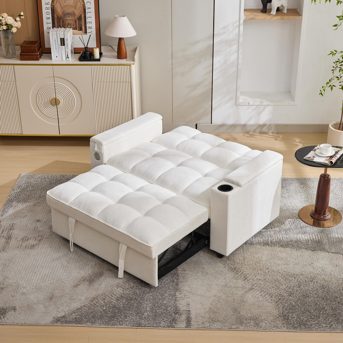 SCHLAFSOFA aus Stoff 140,5x74x82 cm Beige mit USB-, Typ-C-Anschluss, verstellbarer Rückenlehne und verstecktem Tisch - Beige, Textil (140.5/82/74cm) - Modfu