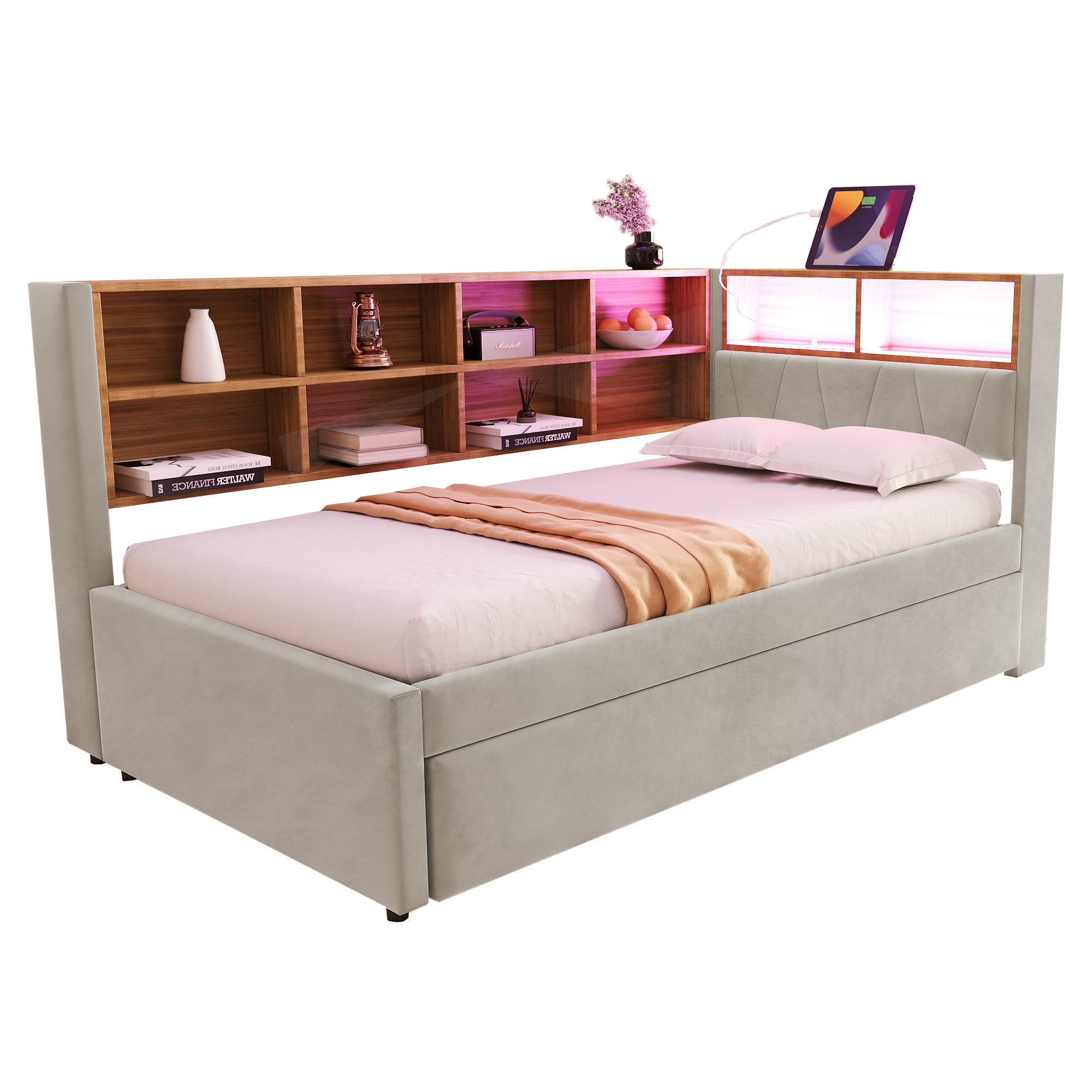 CHICFURN ROZKLÁDACÍ POHOVKA 90/200 cm & 90/190 cm ve světle šedé látce s LED, USB a policemi
