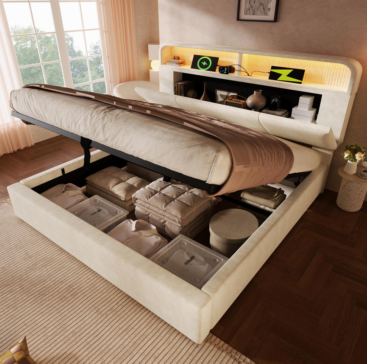 BETT mit Stauraum 160x200 cm Samt Beige inkl. Matratze - Beige, Metall (160/200cm) - Meubliv