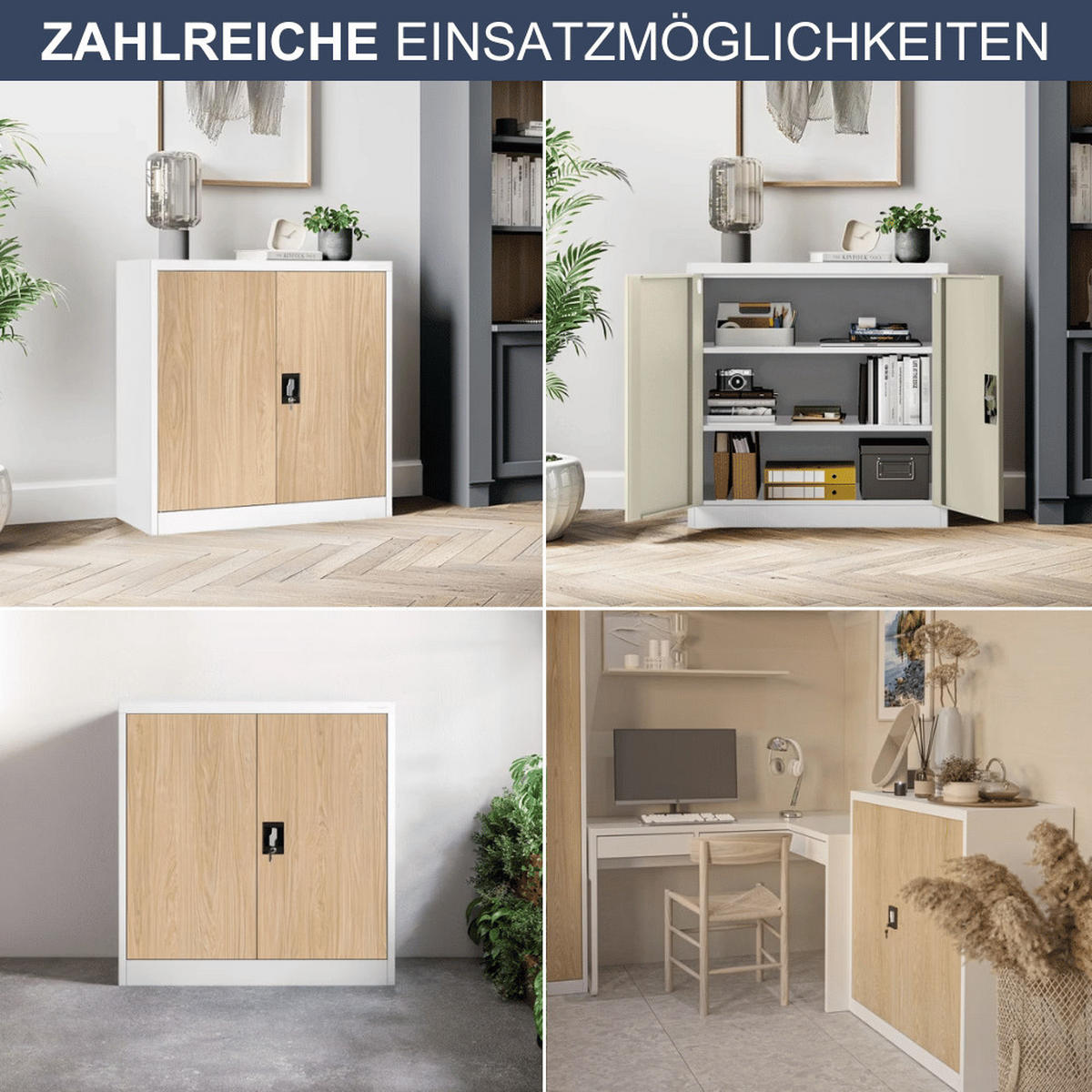 AKTENSCHRANK abschließbar KADO mit Flügeltüren 93x90x40cm Weiß-Sonoma Eiche - Weiß, Metall (90/93/40cm) - DELUKE