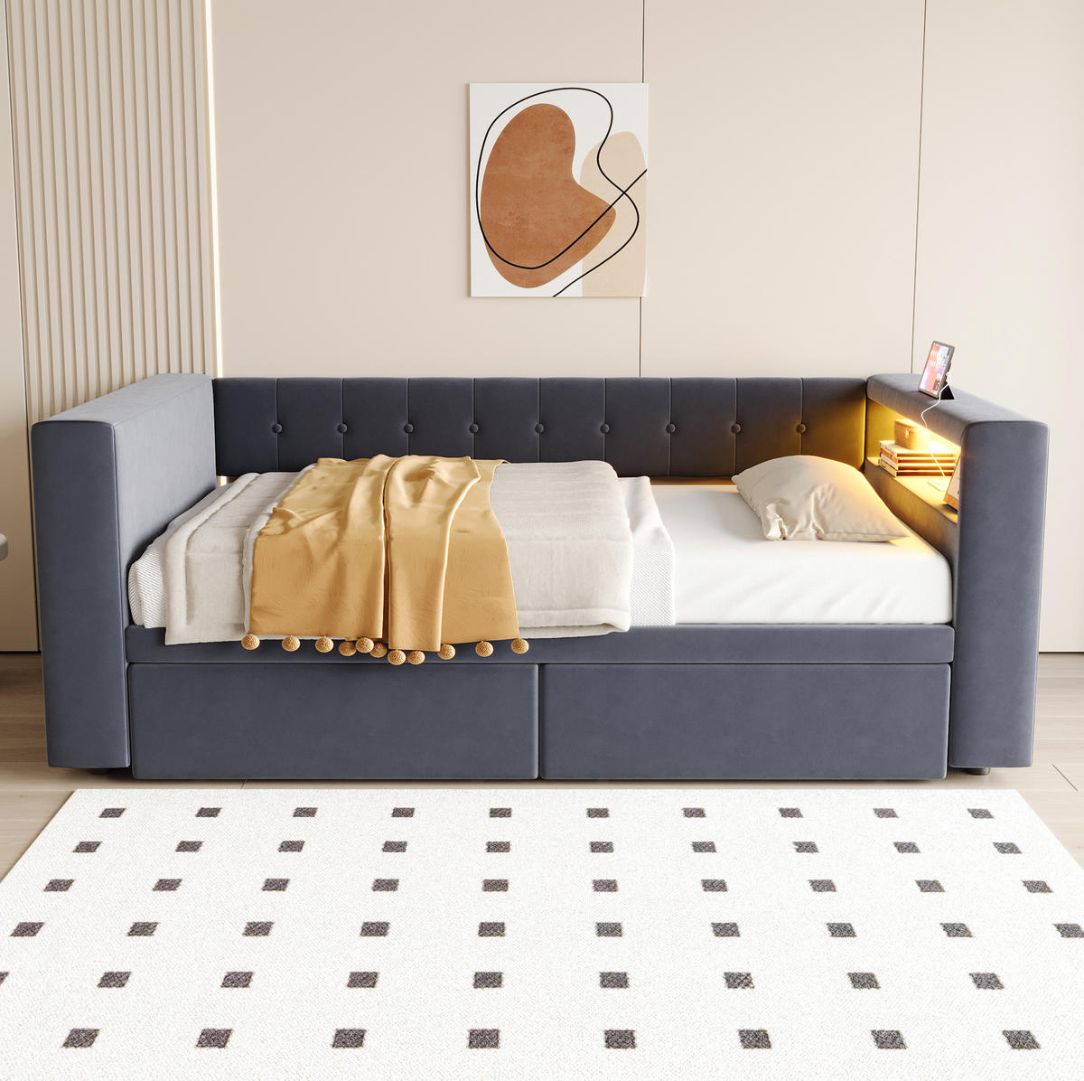POLSTERBETT 90/190 cm Dunkelgrau mit LED-Beleuchtung und Stauraum - Dunkelgrau, Textil (90/190cm) - Flora Grace