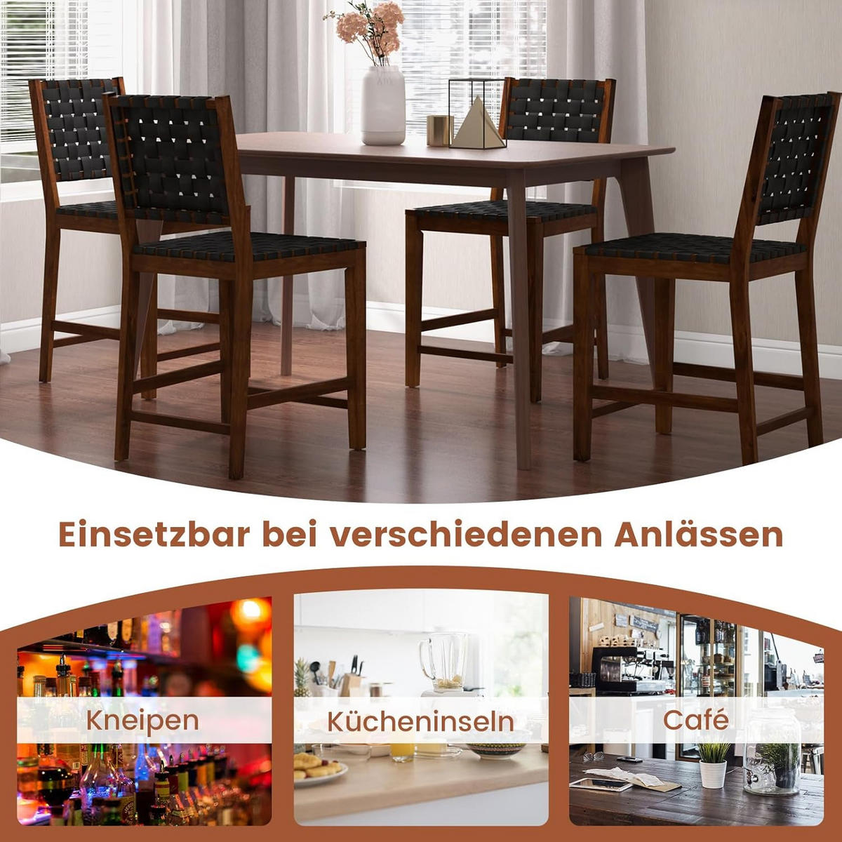 BARHOCKER mit Rückenlehne Braun(2er-Set) - Braun, Holz (59/101/52cm) - COSTWAY