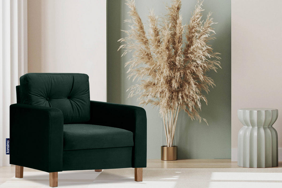 SESSEL ERISO mit Armlehnen und angenehmer Stoff zum Anfassen, Velour-Stoff, dunkelgrün - Dunkelgrün/Braun, Textil (80/75/75cm) - KONSIMO®