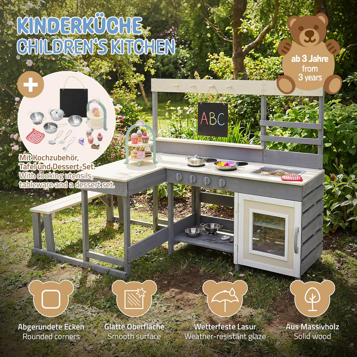 KINDERKÜCHE aus Tannenholz 71,5 x 151 x 98,5 cm Lila-Beige - Beige, Holz (71.5/151/98.5cm) - Joyz
